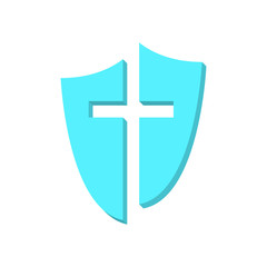 Obraz premium Blue cross and shield of faith christian church vector logo. Missionary icon. Religious symbol. Protection, safety, security sign.