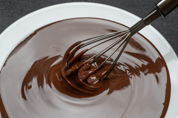 Macro of Melted milk or dark chocolate swirl in plate and whisk on concrete background