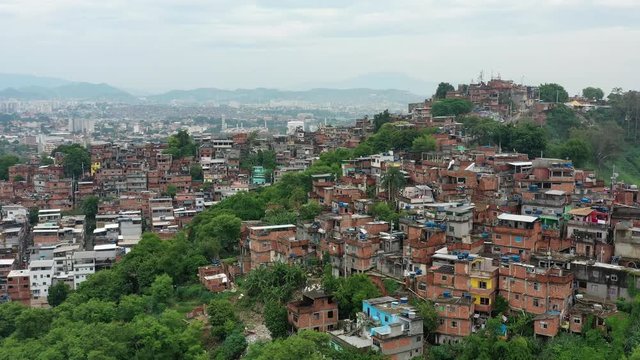 Aerial view of famous favela Mangueira in city of Rio de Janeiro - landscape panorama of Brazil from above, South America
