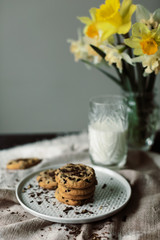 Glass of milk and Homemade chocolate chip cookies