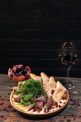 set of appetizers to wine with cheese, meat and georgian bread;