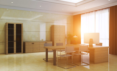 modern cabinet with marble walls and a large window. business background. 3D rendering. Sunset.