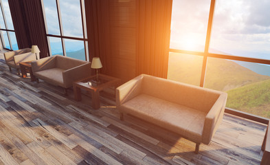View of soft leather furniture in the hotel lobby. Reception Business background.. Sunset. 3D rendering