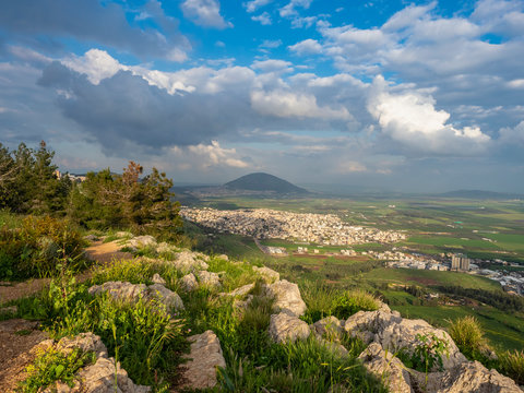 View from the Mount of Exile, the city of Nazareth, on Mount Tavor and the Azrieli Valley on a sunny spring day. Israel.