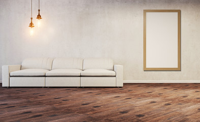 Empty interior with large window. Retro light bulb. The floor is of brown parquet. White sofa. Light concrete wall.. 3D rendering Blank paintings.  Mockup.