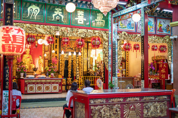 The language at the top is the name of the chinese gods called Tai Hong Kong Shrine in Poh Teck Tung Foundation the famous place for Chinese New Year at downtown Bangkok, Thailand.