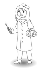 Children illustration with a artist girl for coloring book.