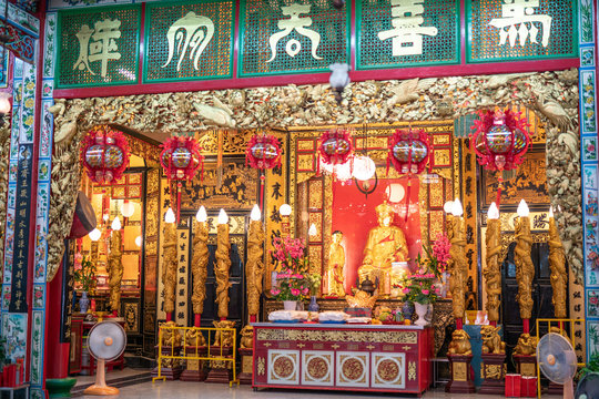 The language at the top is the name of the chinese gods called Tai Hong Kong Shrine in Poh Teck Tung Foundation the famous place for Chinese New Year at downtown Bangkok, Thailand.