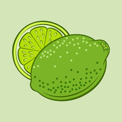 Illustration of Colorful Juicy Stylized Whole and Half Lime. Icon for Food Apps Isolated on a Green Background