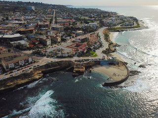 Aerial view of coastline La Jolla cove, San Diego, California.  picturesque cove and beach that is surrounded by cliffs and the pacific ocean, famous tourist attraction to see the sea lions and sails