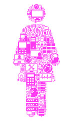 Woman Person mosaic icon done for bigdata and computing illustrations. Vector woman person mosaics are composed from computer, calculator, connections, wi-fi, network,