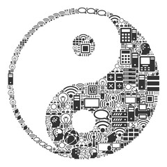Obraz premium Yin Yang composition icon organized for bigdata and computing illustrations. Vector yin yang mosaics are organized from computer, calculator, connections, wi-fi, network,