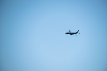 Greece, Heraklion, August 2018: Aeroflot plane flies over the city of Heraklion.