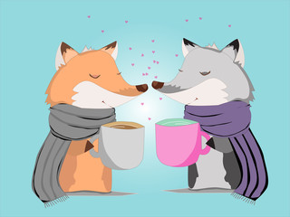Cute cartoon fox and wolf with cup of tea and a scarf on a blue background, Valentine's day