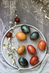 Easter eggs dyed with natural dyes, cabbage, chamomile, hibiscus and onion peel.