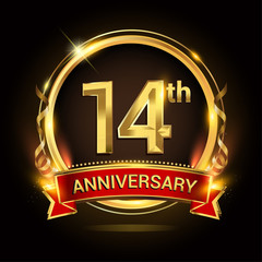 14th golden anniversary logo with ring and red ribbon, vector design.