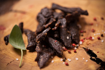 Beef Jerky on  wooden background