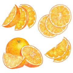 Set of fruit illustrations with Orange in watercolor. Sweet and fresh fruit elements for menu, greeting cards, wrapping paper, cosmetics packaging, labels, tags, posters