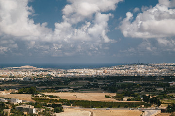 Beautiful panoramic view of Malta island from the top of Bastion Square at Mdina with the Mosta Rotunda catholic church. Travel concept