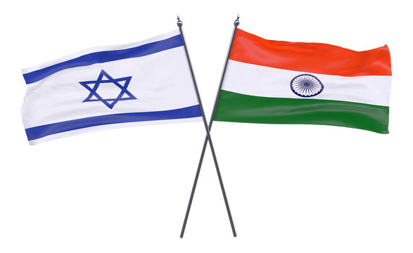 Israel and India, two crossed flags isolated on white background. 3d image