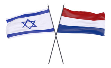 Israel and Netherlands, two crossed flags isolated on white background. 3d image