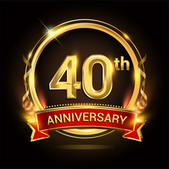 40th golden anniversary logo with ring and red ribbon, vector design.