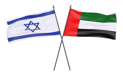 Israel and United Arab Emirates, two crossed flags isolated on white background. 3d image