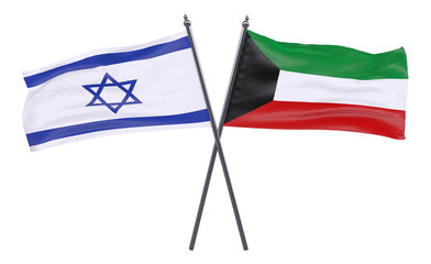 Israel and Kuwait, two crossed flags isolated on white background. 3d image