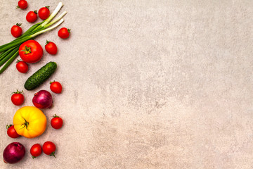 Assortment fresh organic vegetables. Food cooking stone background. Healthy vegetarian (vegan) eating concept, copy space, top view, flat lay.