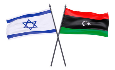 Israel and Libya, two crossed flags isolated on white background. 3d image