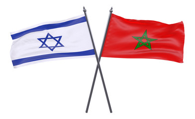 Israel and Morocco, two crossed flags isolated on white background. 3d image