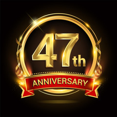 47th golden anniversary logo with ring and red ribbon, vector design.