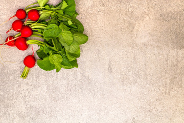 Fresh organic radish. Food cooking stone background. Healthy vegetarian (vegan) eating concept, top view, copy space, flat lay.