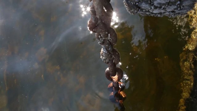 Thick rusty chain on the old dock. Water reflections
