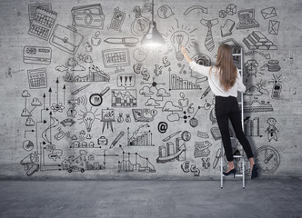 Young woman standing on a ladder and drawing a business plan sketch on a concrete wall. 3d render elements in collage