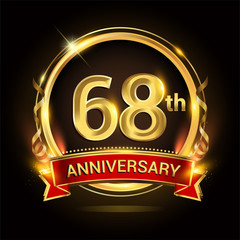 68th golden anniversary logo with ring and red ribbon, vector design.