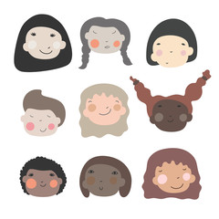 Happy baby girls faces. Cartoon vector illustration. Group of diversity women with different skin color