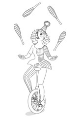 Girl juggler on a unicycle for coloring book