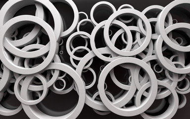 Diseño abstracto de circunferencias y anillos. Círculos blancos y fondo de formas geométricas.