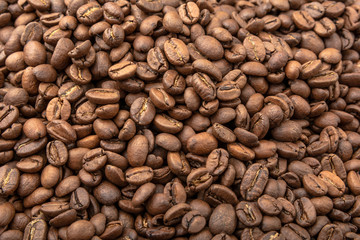 Coffee beans, can be used as a background. Background from many roasted coffee beans. Copy space for text.