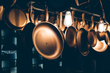 copper vintage restaurant kitchenware and dishes and pans