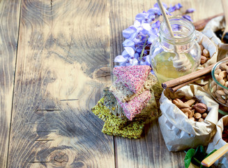 Wholemeal cookies - fruit biscuit and honey on rustic table 