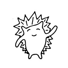 vector hand drawn doodle illustration of happy, smiling hedgehog,perfect as simple, cheerful template,cute card or a cartoon background with an animal theme for happy children,made in black and white