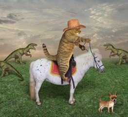 The cat cowboy in boots on a white horse grazes a herd of dragons on the farm. His dog is next to...