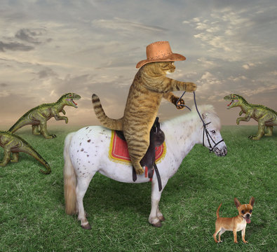 The cat cowboy in boots on a white horse grazes a herd of dragons on the farm. His dog is next to him.