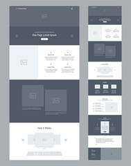 One page website design template for business. Landing page wireframe. Flat modern responsive design. Ux ui website: home, features, about, works, benefits, advantages, prices, testimonials, contacts.