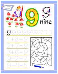 Educational page for kids with 9. Solve mathematical examples. Find the number and color it. Printable worksheet for children textbook. Developing counting and writing skills. Vector cartoon image.