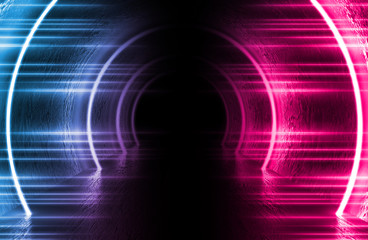 Empty background scene. Dark street, a reflection of blue and pink neon light on wet pavement. Rays of light in the dark, smoke. Night view of the street, the city. Abstract dark background.