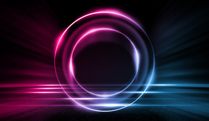 Empty background scene. Dark street, a reflection of blue and pink neon light on wet pavement. Rays of light in the dark, smoke. Night view of the street, the city. Abstract dark background.
