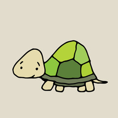 vector hand drawn doodle illustration of happy, smiling turtle,perfect as simple, cheerful template,cute card or a cartoon background with an animal theme for happy children,drawn in outline, colored